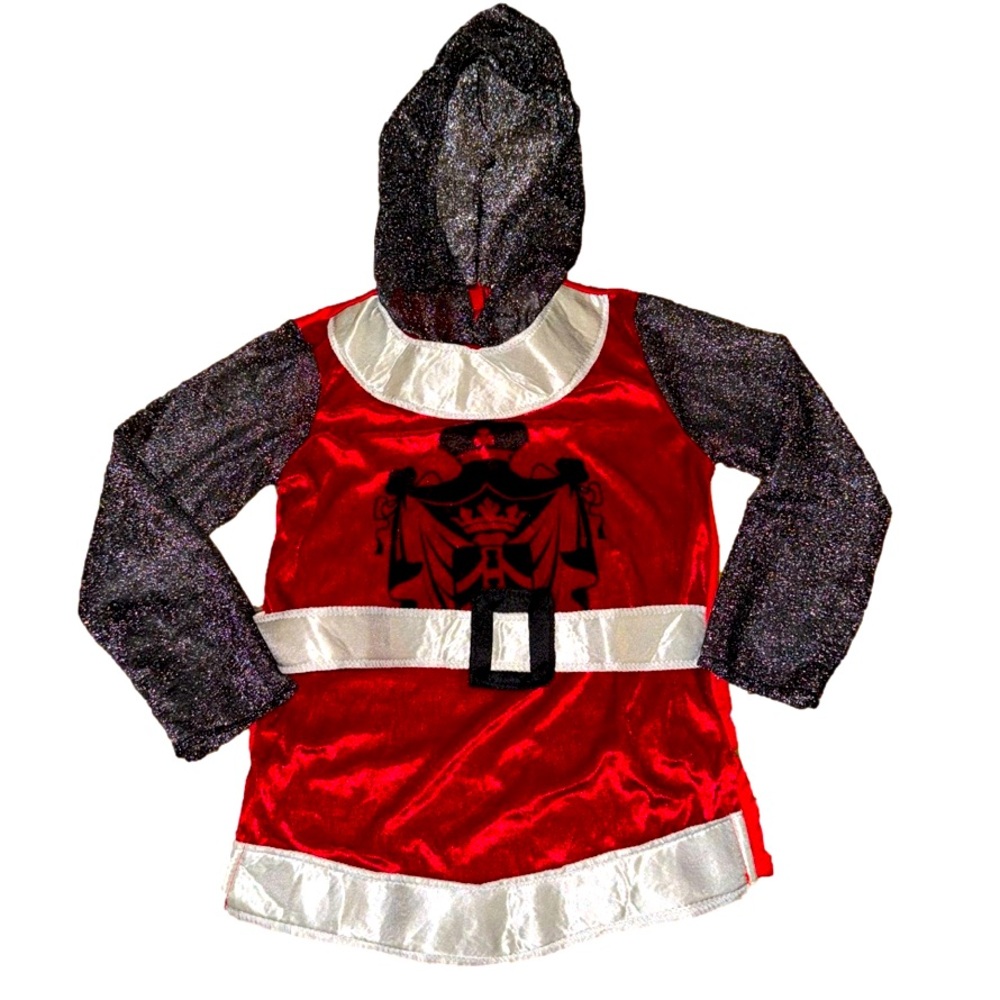 Rubies kid’s Knight hooded, red velvet Halloween tunic with faux“chainmail”